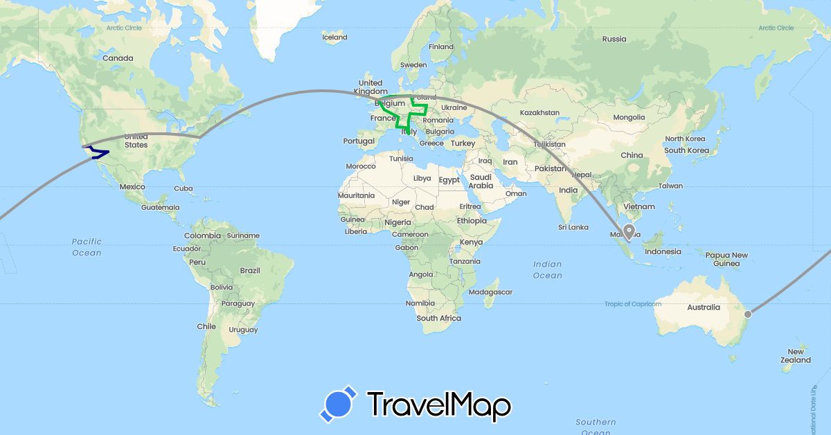 TravelMap itinerary: driving, bus, plane in Austria, Australia, Switzerland, Czech Republic, Germany, France, United Kingdom, Hungary, Italy, Netherlands, Poland, Singapore, United States (Asia, Europe, North America, Oceania)